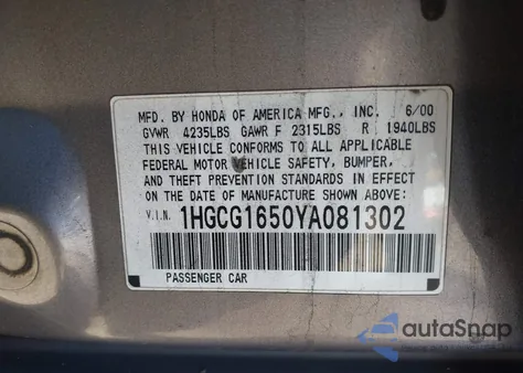 2000 Honda Accord 3.0 Ex из США, поврежденный, VIN 1HGCG1650YA081302